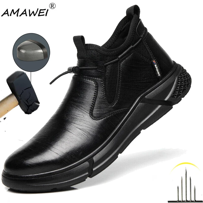 AMAWEI Men Waterproof Safety Boots Men Toe Work Boots Anti-smash Stab-resistant Safety Shoes