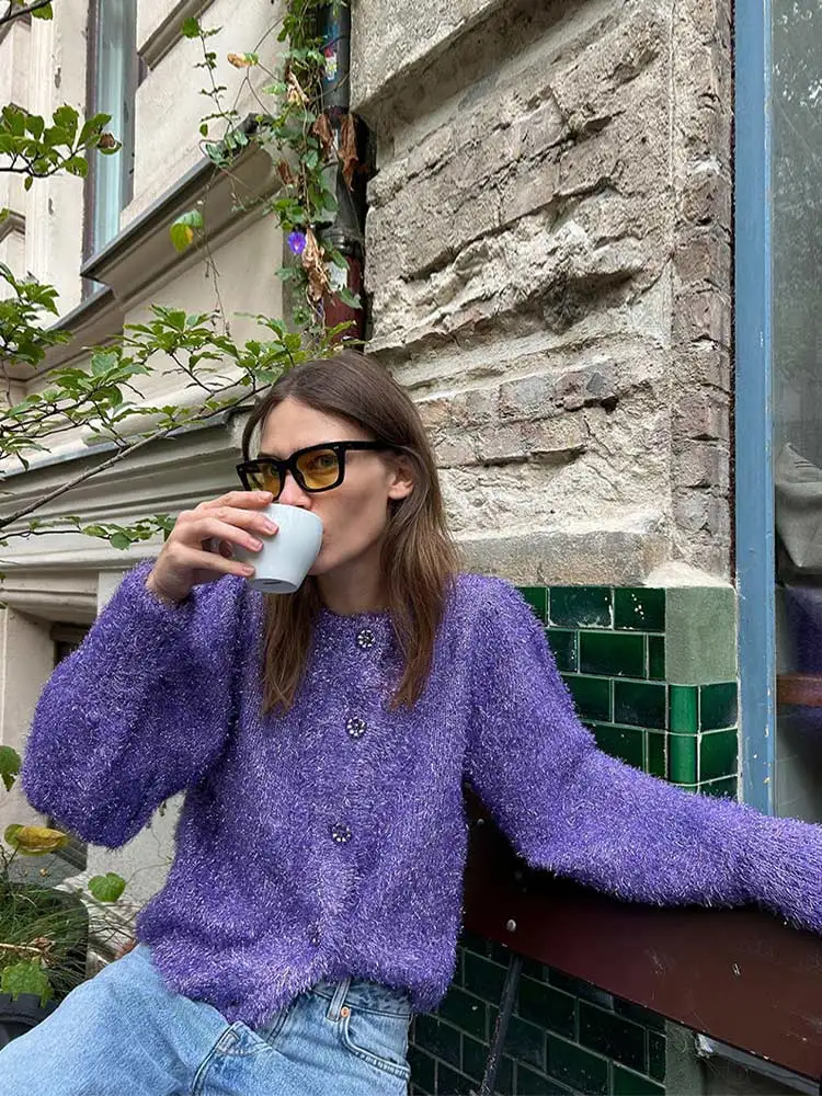 

Autumn Winter Women Pyrple Buttons Knit Cardigan Fashion Round Neck Vintage Long Sleeve Sweaters Female Office Y2k Chic Top