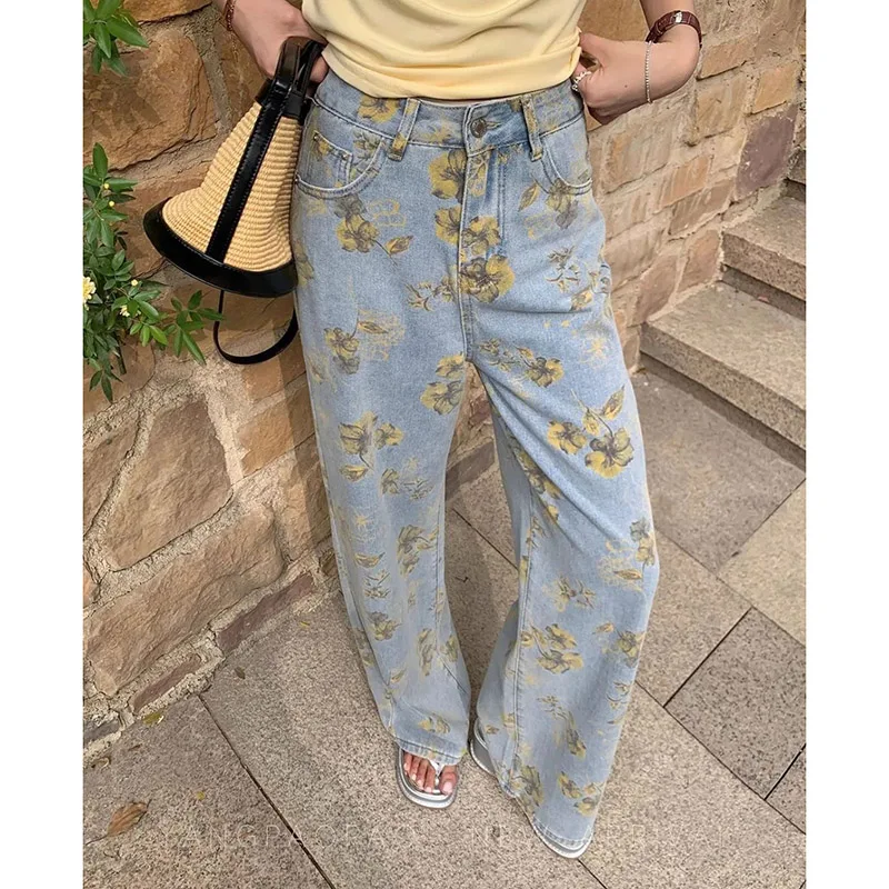 2025 Lady Retro Blue Flower Print Jeans Pants Female High Waisted Denim Pants Girls Thin Casual Daily Jeans Trousers 1