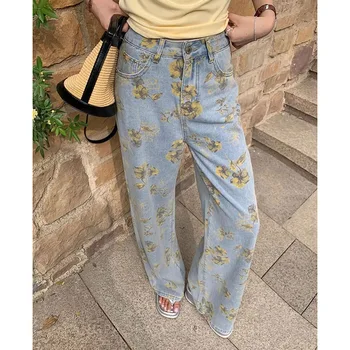 2025 Lady Retro Blue Flower Print Jeans Pants Female High Waisted Denim Pants Girls Thin Casual Daily Jeans Trousers 1