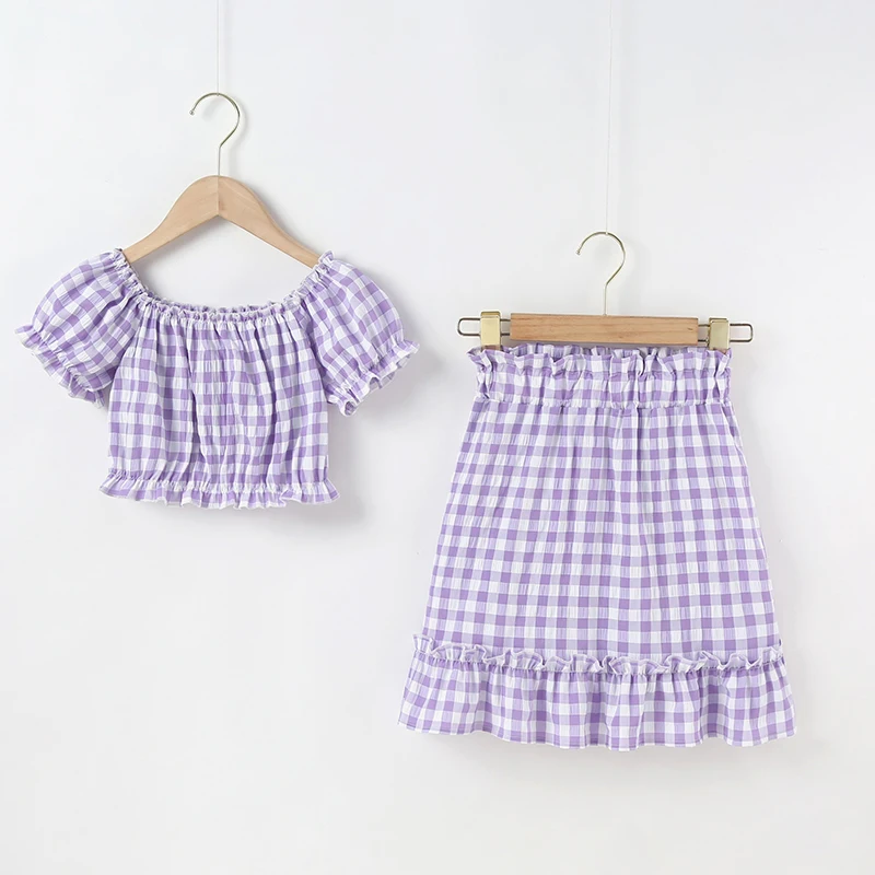

Two Piece Set Summer Girls Clothes Outfits Short Sleeve Plaid Cropped Top Skirt for 6 8 10 12 Year Little Girl Fashion Clothing