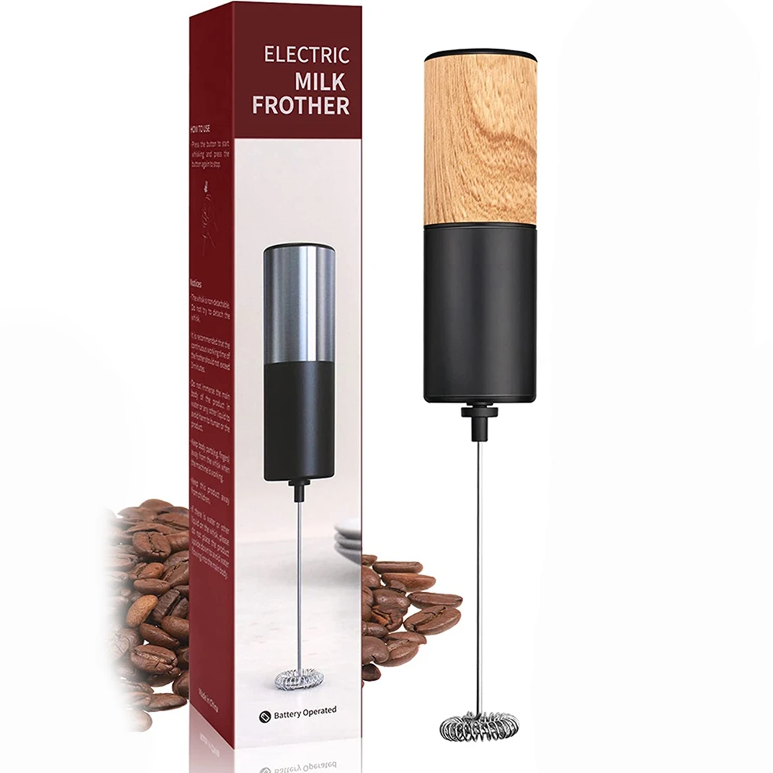 

Electric Milk Frother Foam Maker, Milk Frother for Coffee, Wood Pattern Printed, Handheld Battery Operated Whisk