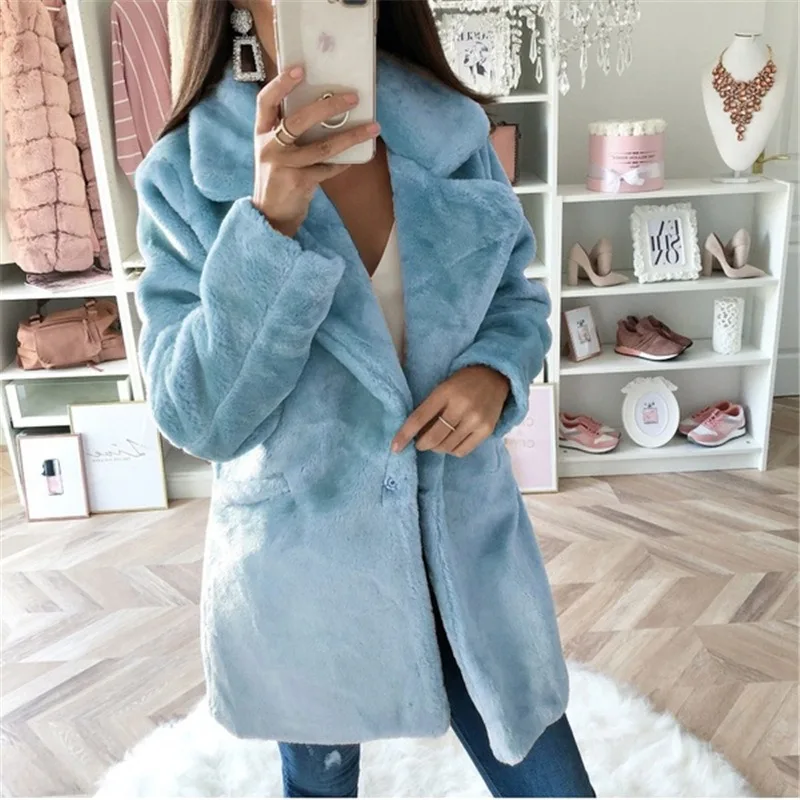 Women Faux Fur Coat Mid length version solid color loose outwear 2023 winter new woolen overcoat thicken warm casual parkas 2019 women new autumn winter clothing thicken woolen jacket female korean version of the short loose plaid woolen coat thicken