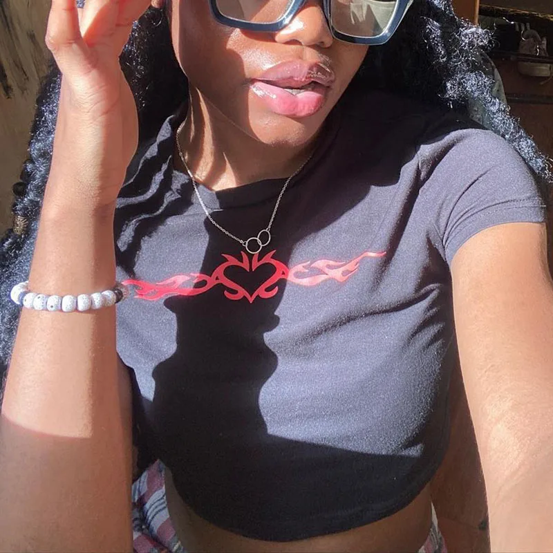 Y2K Love Wings Geometric Red Printed Open Navel Short Sleeve Top European and American Street Punk Style Dark