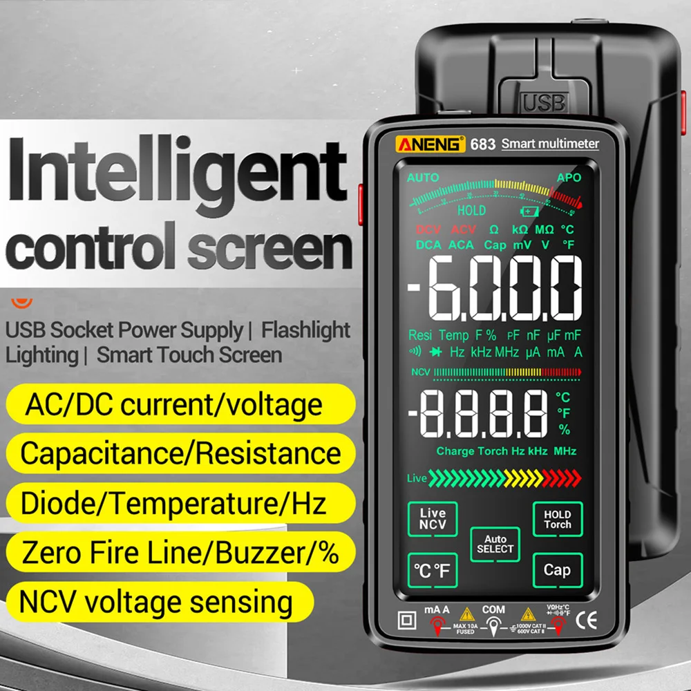 Smart Digital Multimeter ANENG 683 682 681 LCD/VA Reverse Display Capacitance Meter Hz Ohm Diode Tester AC/DC Measuring Tools digital multimeter,multimeter tester