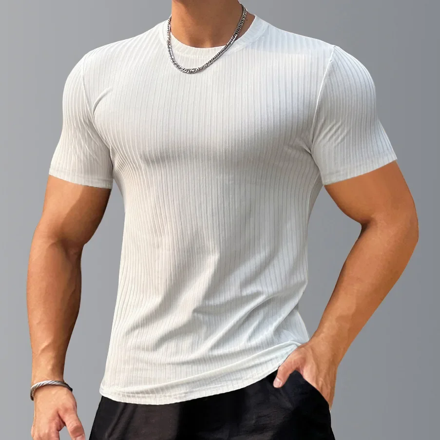

Men Muscle Short-sleeved Fitness T-shirt New Men's Pullover Solid Color Shirt Stripe T Shirts Men Tops