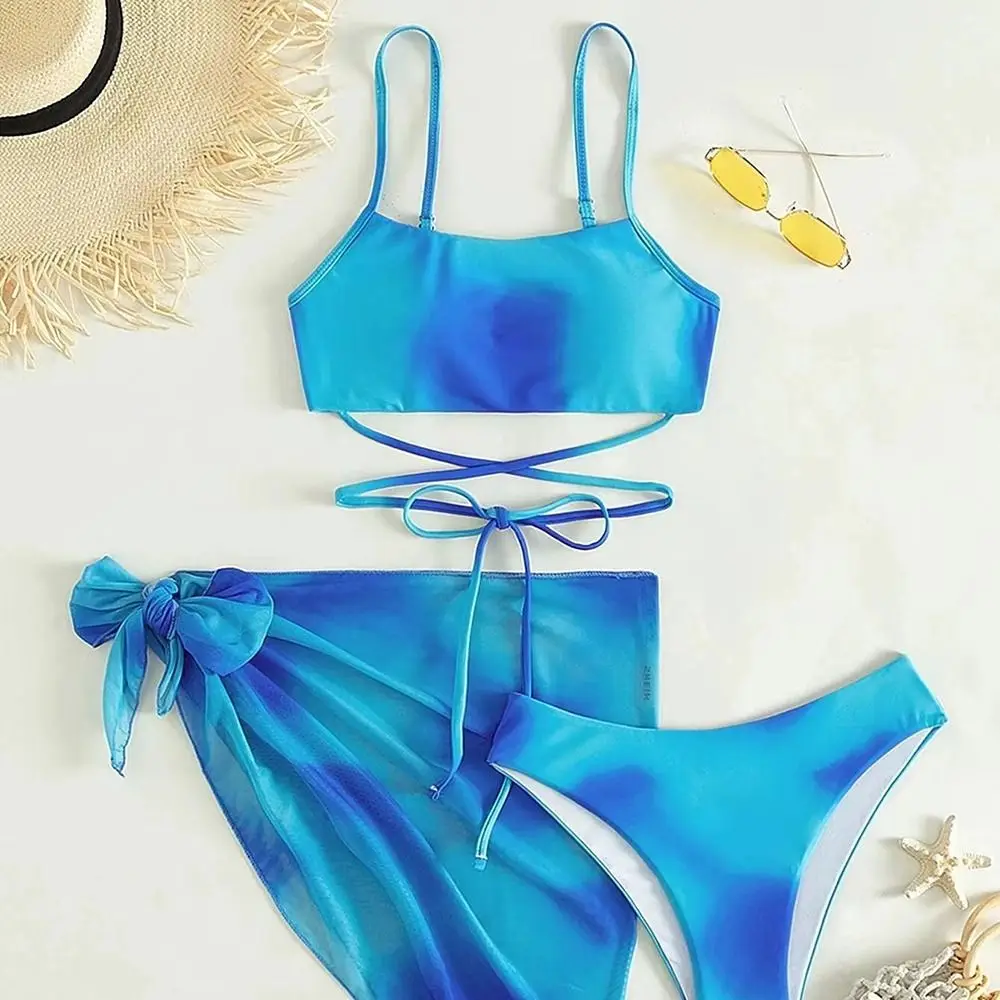 

3 Pieces Gradient Women's Bathing Set Swimwear Lace Up Self Tie Beach Skirt High Cut Tie Dye Sexy Swimsuits Girl