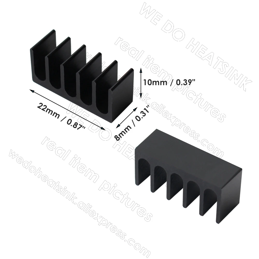 우리는 열 패드가 없거나 있는 방열판 8x22x10mm DIP 길고 작은 크기 검정색 알루마이트/은색 알루미늄 방열판 냉각기를 수행합니다.