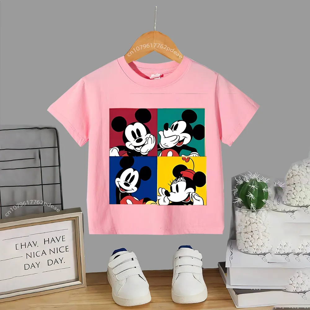Disney Street Teen 100% Cotton T-shirt Kids Cartoon Mickey Outdoor Comfortable Casual crew neck T-shirt Boys Girls short sleeve 6
