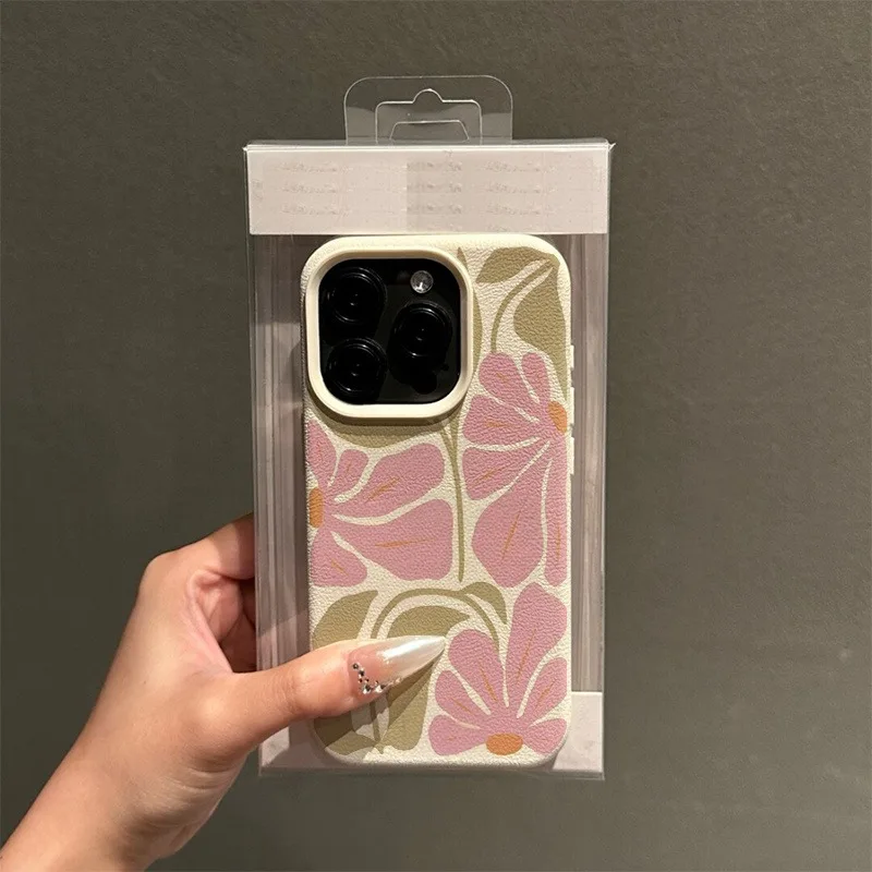 Charming Pink Floral Lychee Texture Soft Phone Cover