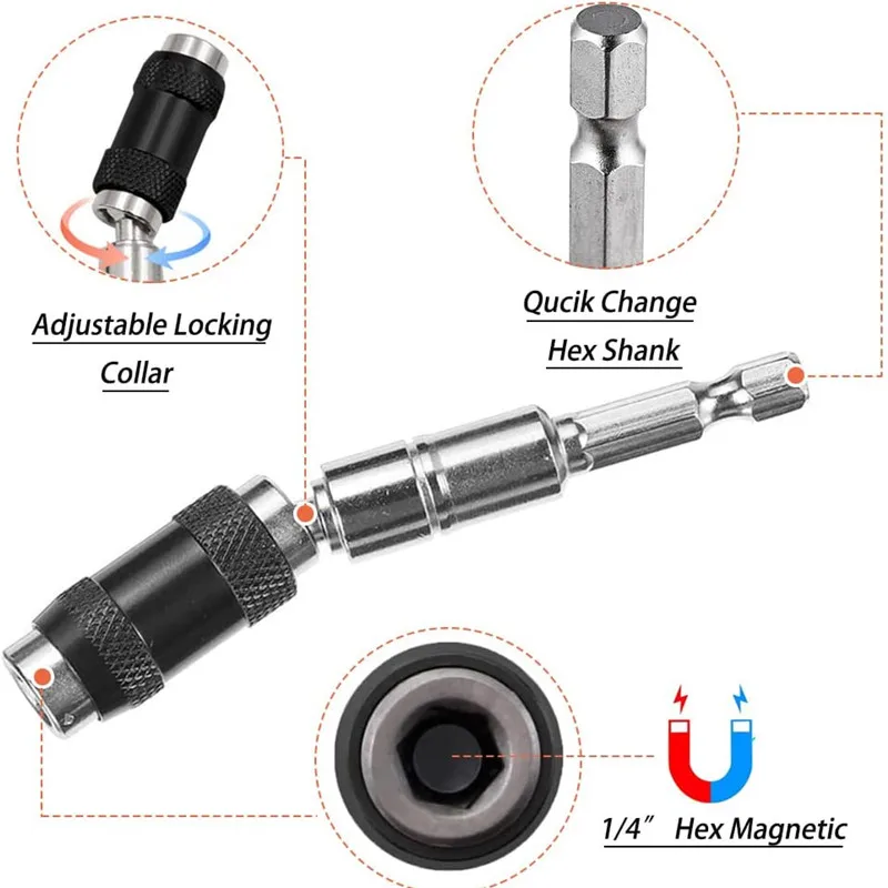1pc Magnetic Screw Drill Tip, 1/4" Impact Tough Bit Holder With 20° Pivoting , Bendable Extender Quick Change Locking Rotating 2