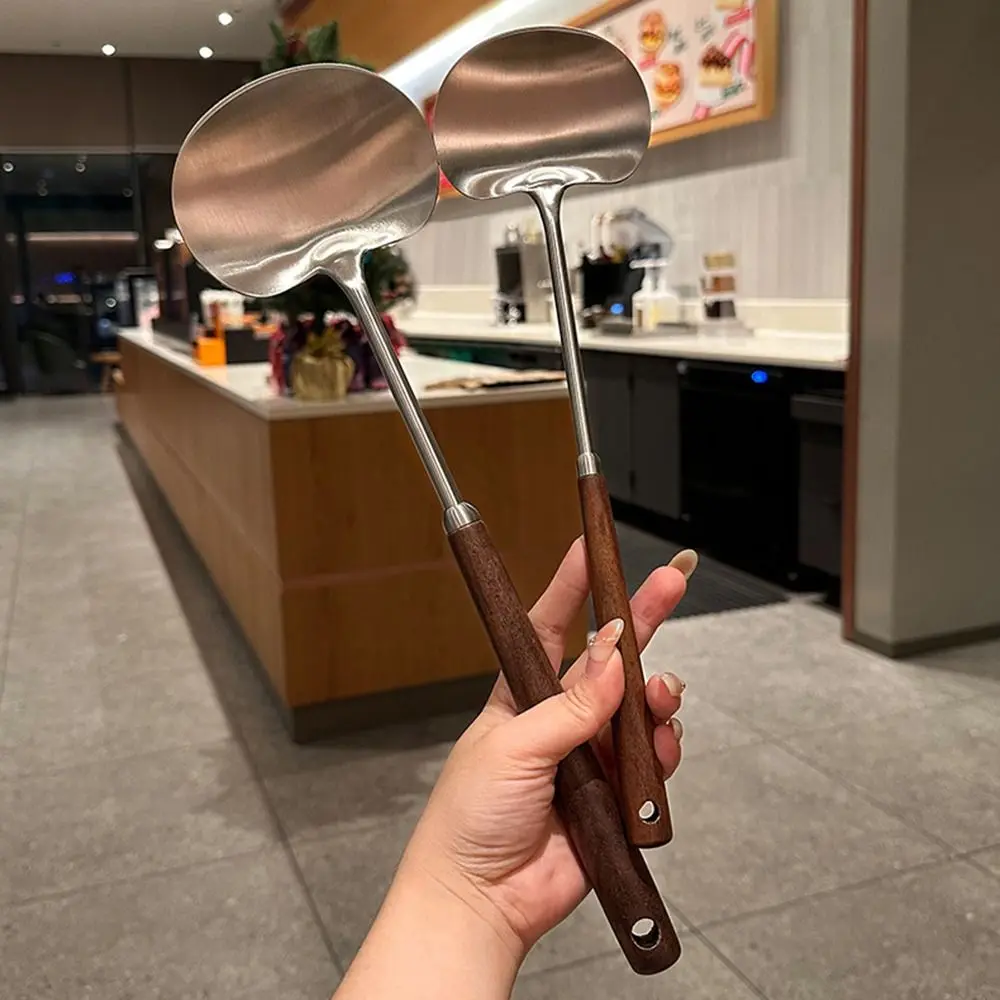 304 Stainless Steel Seamless Spatulas Wooden Handle Stainless Steel Cooking Shovel Long Handle Heavy Duty Fried Shovel
