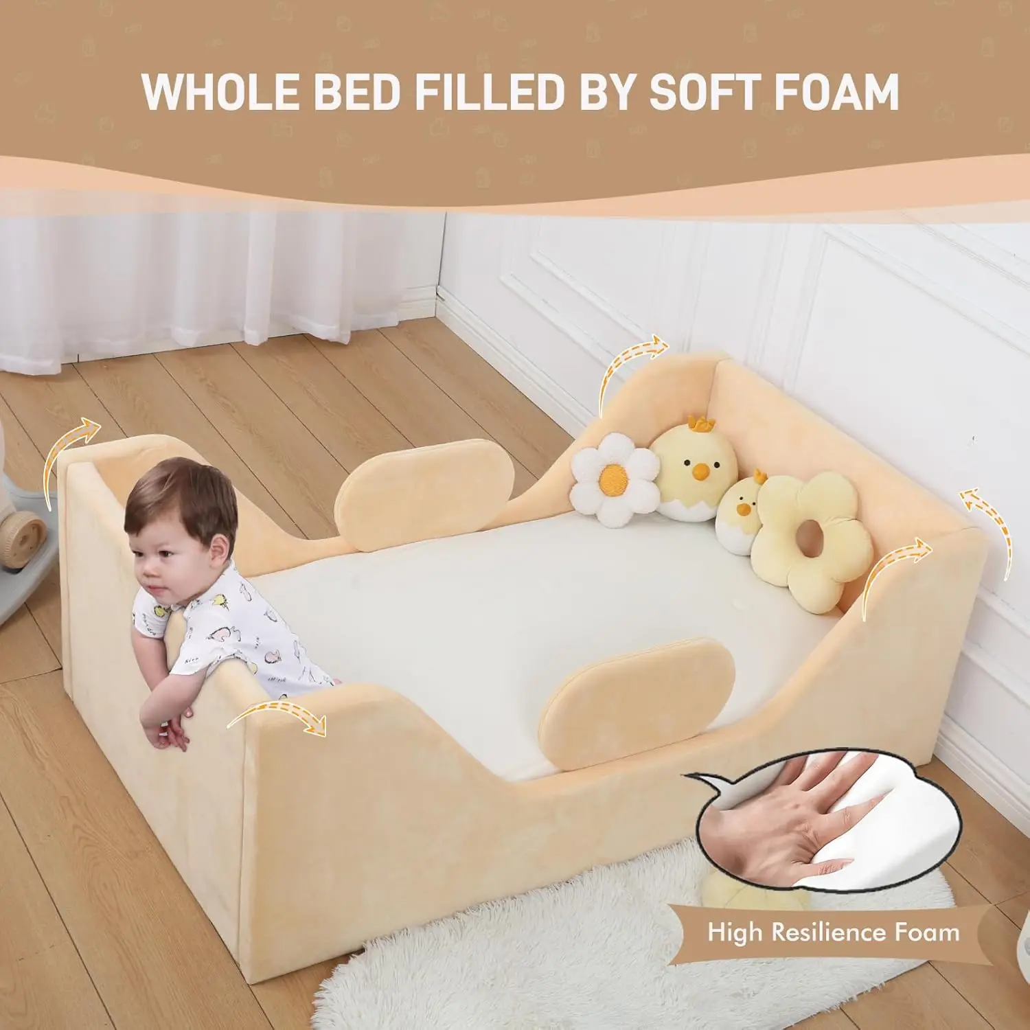 Bed, Child Bed for Kids with Extra Safty Broad, Standard Crib Size Toddler Bed, Certified Fabric Toddler Beds,Toddler Fl