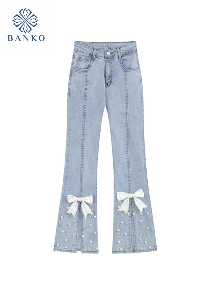 

American Retro Pearl Flare Jeans High Waist Slim Bell Bottoms Front Slit Women Fashion Blue Denim Trousers Bow Sweet High Street