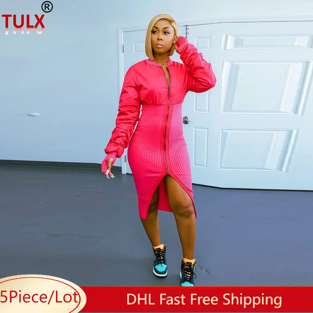 5pcs Bulk Wholesale Long Sleeve Dress Women Bodycon Dresses Fall Winter Clothes Sexy Zipper
