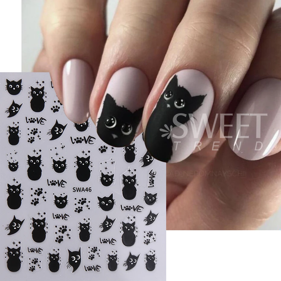 2pcs Cute Black Cat Nail Stickers Decoration Kawaii Cartoon Animal Design Y2K Stars Nail Decals Sliders Nail Art Manicure Decors