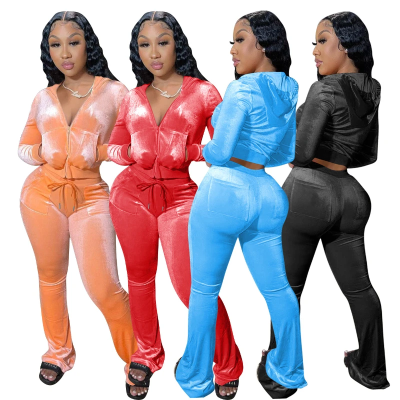 Velvet Tracksuit Women Two Piece Set 2023 Autumn Solid Color Zipper Pocket Short Hoodie Wide Leg Pants Casual Outfits Streetwear