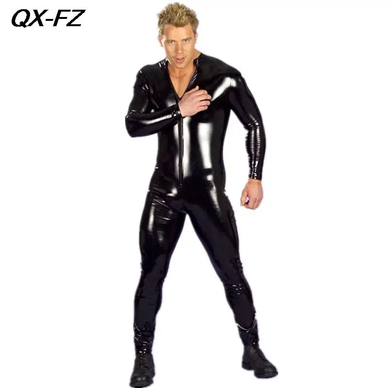 Men Underwear Plus Size S-4XL Wetlook Latex Bodysuit Front Zipper Crotch Jumpsuit Faux Leather Sexy Lingerie