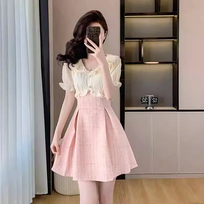 

Summer French Vintage Small Fragrance Tweed Dresses For Women Korean Fashion Sweet Mini Dress Vestidos Chic Dress Robe Femme