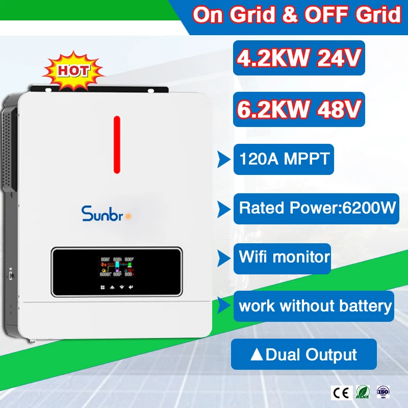 4.5Kw 24V 6.2Kw 48V 150A 120A Mppt Inverter Solare Ibrido Può Funzionare Senza Batteria, Tensione Di Ingresso Pv 60 ~ 500Vdc On And Off Grid
