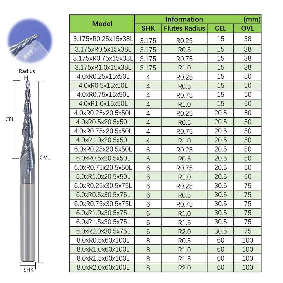 5Pcs Tapered Ball Nose End Mill 3.175mm 4mm 6mm 8mm Ball Nose Tapered End Mills Router Bits CNC Taper Wood Metal Milling Cutter image 2