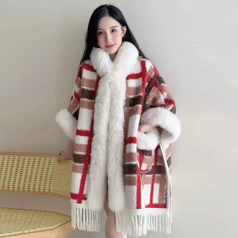 Plaid Fake Lamb Fur Women Batwing Sleeves Long Poncho Cloak Winter Thick Velvet Out Streetwear Faux Woolen Overcoat With Hat