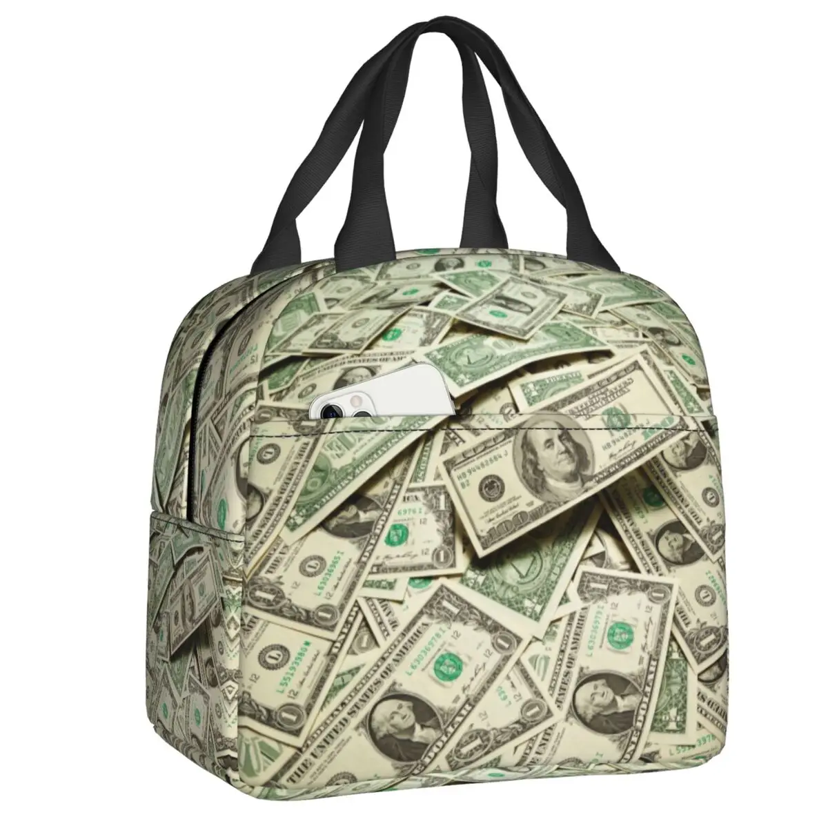 

Custom Money Dollars Bill Pattern Lunch Bag Women Thermal Cooler Insulated Lunch Boxes for Children School