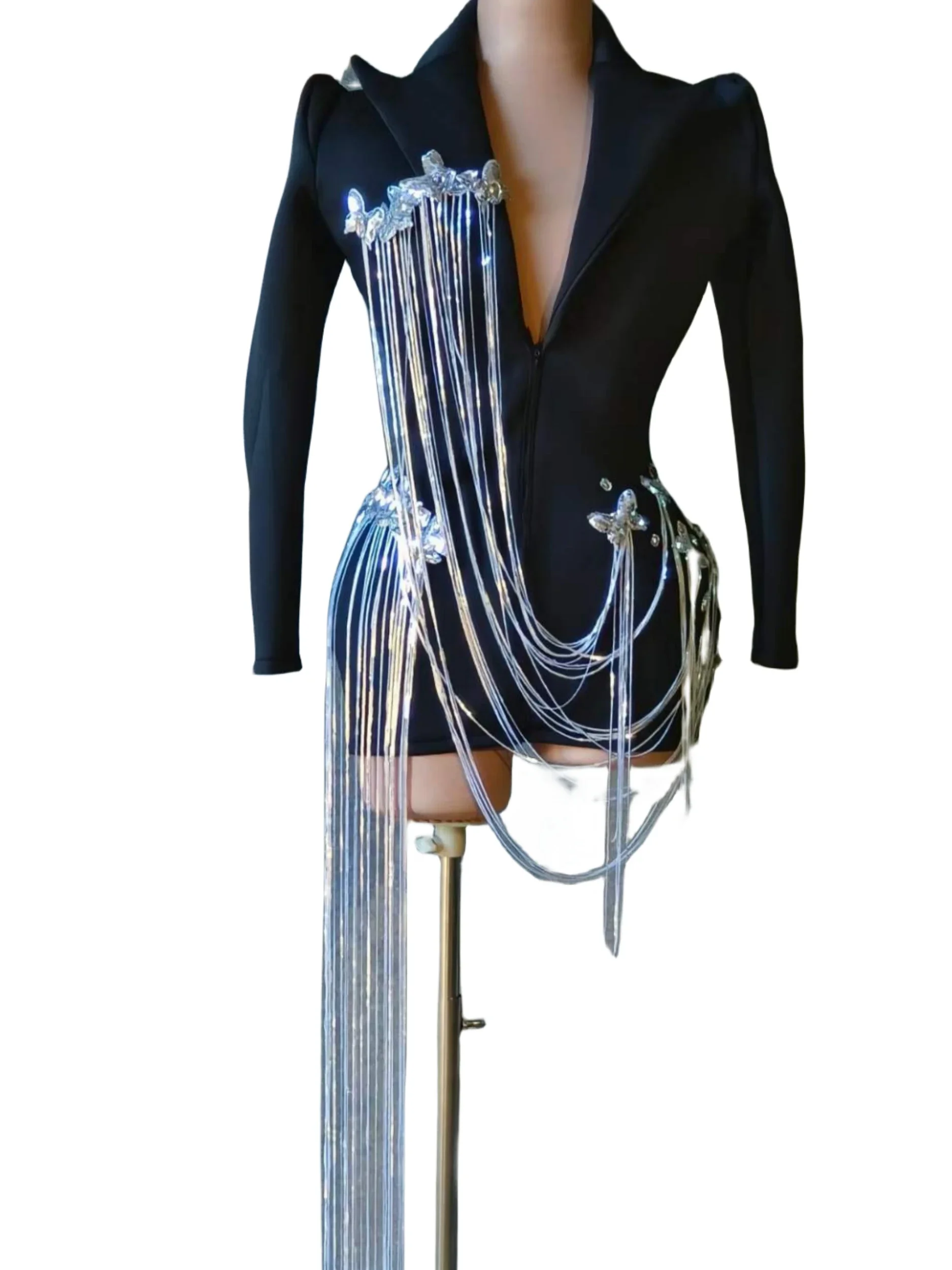Fringe Drill Chain Sparkly Women Black Design Blazer manica lunga con paillettes chiusura con cerniera a farfalla DJ DS Night Club Stage Wear