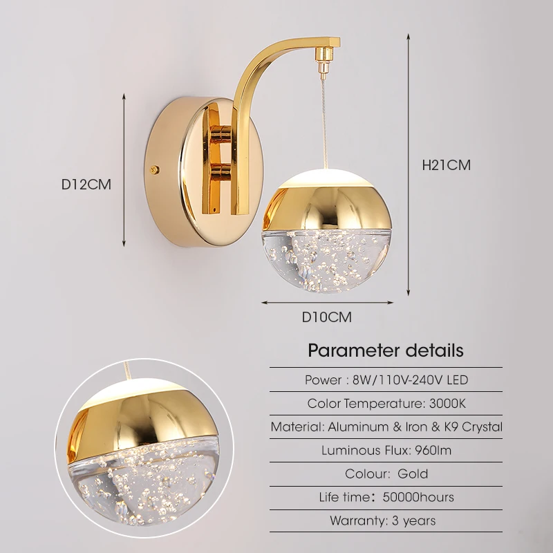 Light Luxury Golden Crystal Wall Lamp Gold Wall Sconce Led Wall Lights Design Chrome Wall Lamps Living Room Bedroom Corridor wall night light Wall Lamps