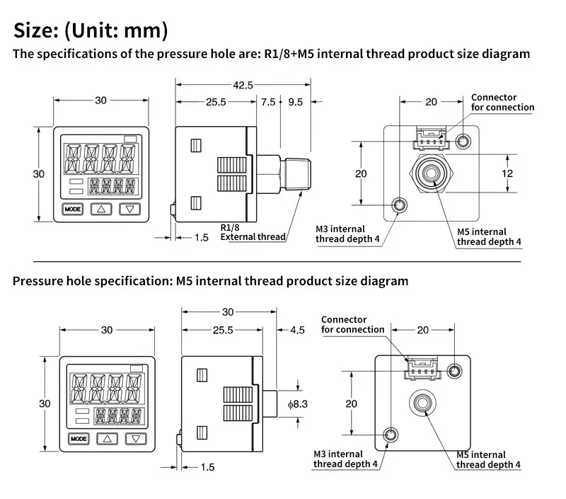 JWDP-101 Vakuum-Unterdruck-Digitalmessgerät-Sensor, 2-Wege-NPN, PNP, M5-Bereich – 100,0 bis + 100,0 KPA – 0,1 bis +1,0 MPA – Detail 3
