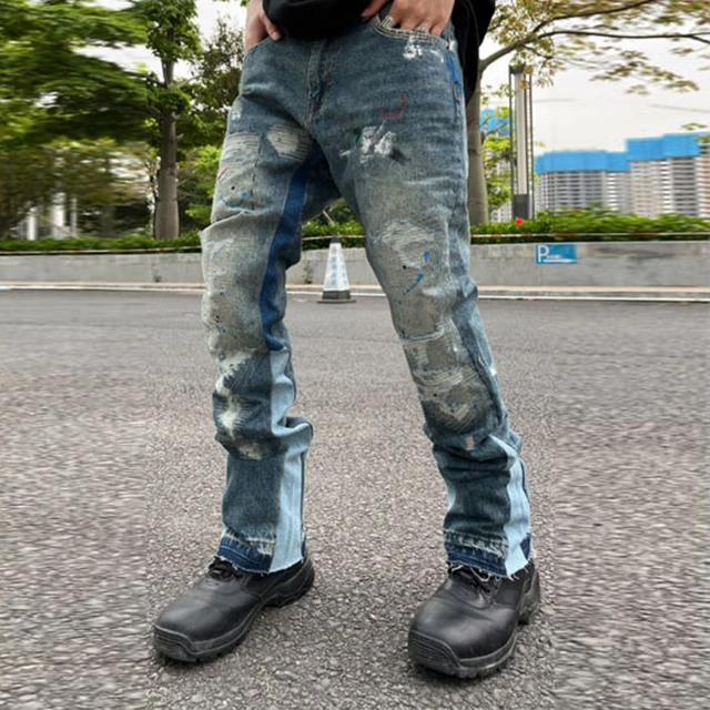 Men's High Waisted Patchwork Straight Jeans Fashion Y2K Style Block Color  Distressed Pencil Denim Pants