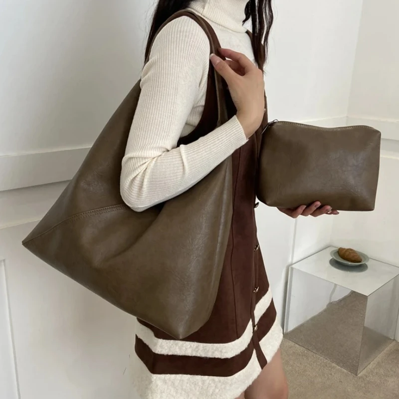 Retro Designer 2-IN-1 Shoulder Bags For Women Soft PU Leather 2026 Winter New Large Capacity Underarm Hobo Shopper Totes Handbag