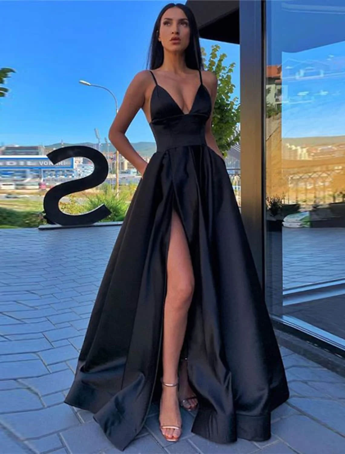 Sexy A-line Slit Formal Evening Dress 2022 Blue/Silver Spaghetti Strap Satin Pleats Prom Party Gowns Robe De Soiree Vestidos red evening gowns Evening Dresses