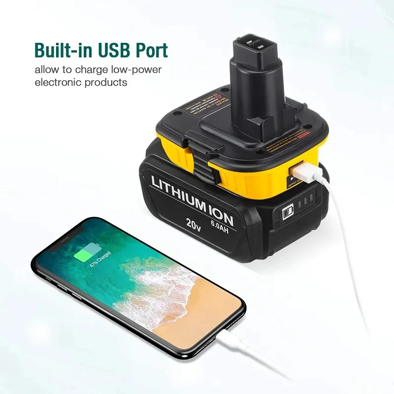 Dewalt 18V 도구 용 20V 배터리 어댑터 DCA1820 USB가있는 DC9096 DE9098 DE9096 용 Dewalt 20V 리튬 배터리 변환