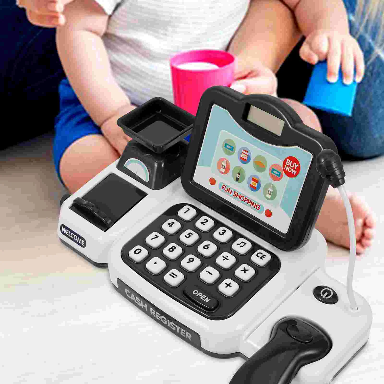 Gray Children Cash Register Toy Calculator Kids Toy Set Emulation Cash Register Simulation Calculator Pretend Play Money Bank
