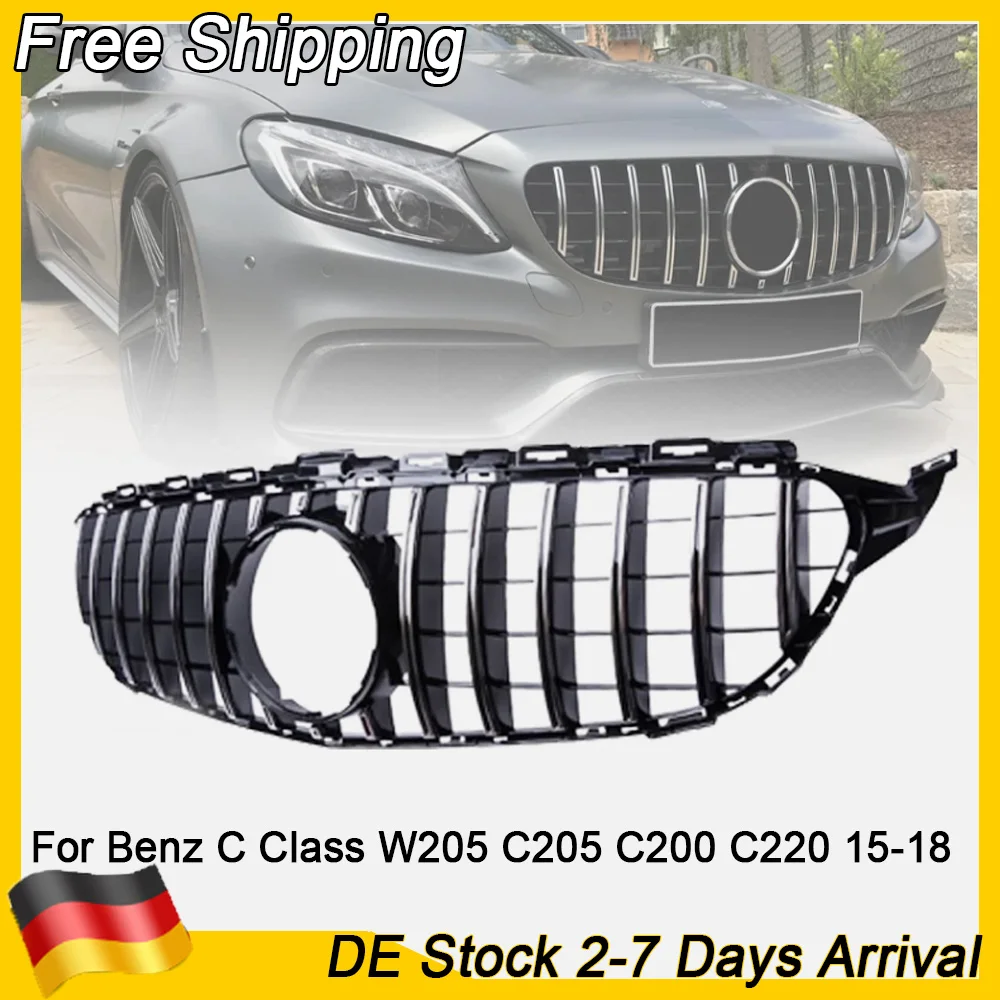 For Mercedes Benz C-Class W205 C205 C200 C220 2015-2018 GT Style Upper Bumper Hood Mesh Front Grill Grille Chrome Black