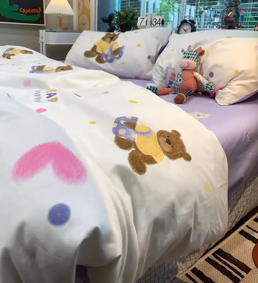 

Модный Фиолетовый Комплект постельного белья в горошек с симпатичным медведем для подростков, двойной полный Королевский Симпатичный хлопковый домашний текстиль, простыня, подушка, пододеяльник