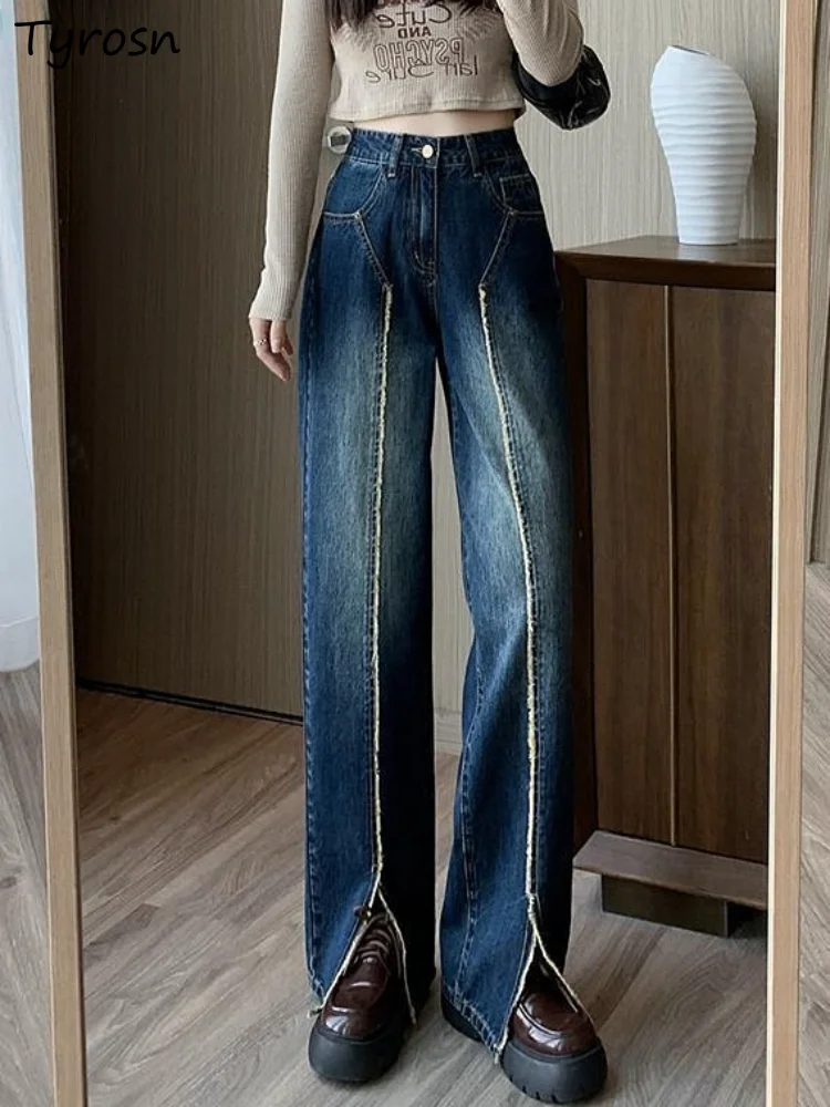

Jeans Women Patchwork Vintage Korean Style Bleached Fashion Cozy Daily Loose Students All-match Casual Special Simple Wide Leg