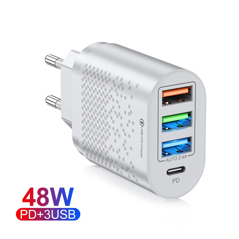 USB C 타입 고속 충전기, 아이폰, 삼성, 샤오미, 화웨이용 휴대폰 충전기, EU, US, UK 플러그, QC3.0, 3 포트, 48W 