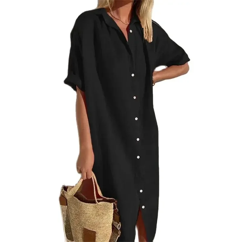 

Women Cotton Linen Solid Color Straight Dresses New Single-breasted Cardigan Lapel Neck Dress Female Korean Casual Commuter Gown