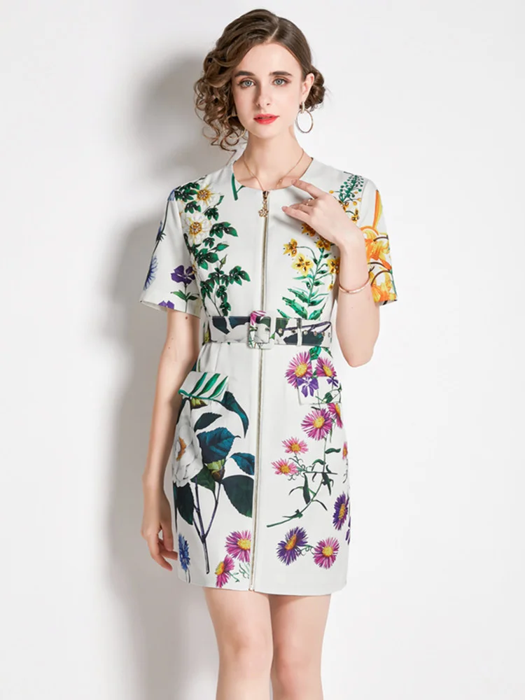 

Quality 2023 Summer Beading Flower Leaves Print Runway Dress Women Short Sleeve Zipper Diamonds Floral Belt A Line Mini Vestidos