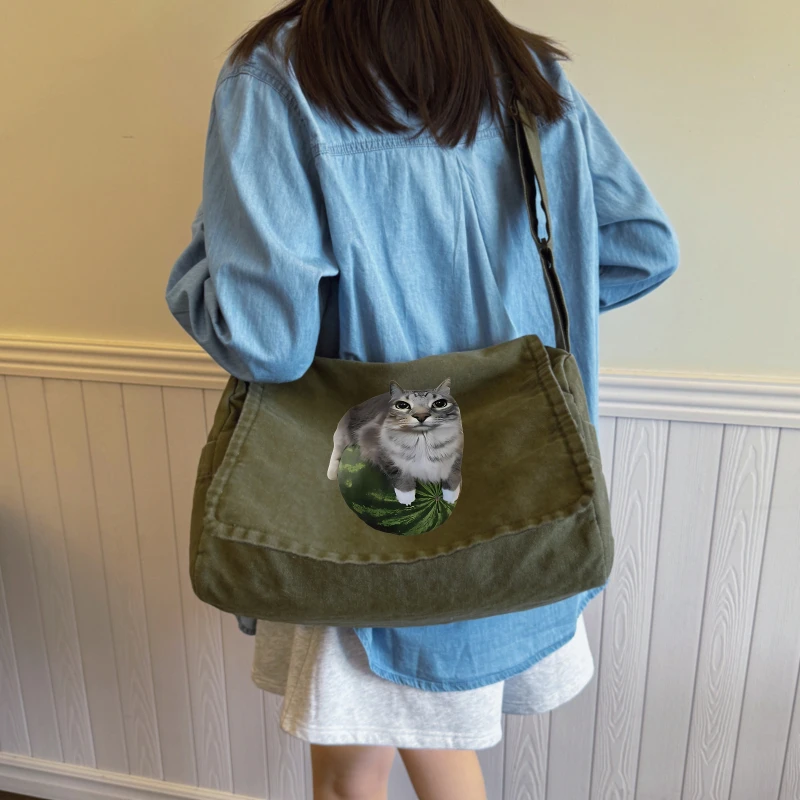 Women's Shoulder Bag Playful Cat Print Canvas Large Capacity Crossbody Bag Multiple Pockets Laptop Bag Unisex Commuting