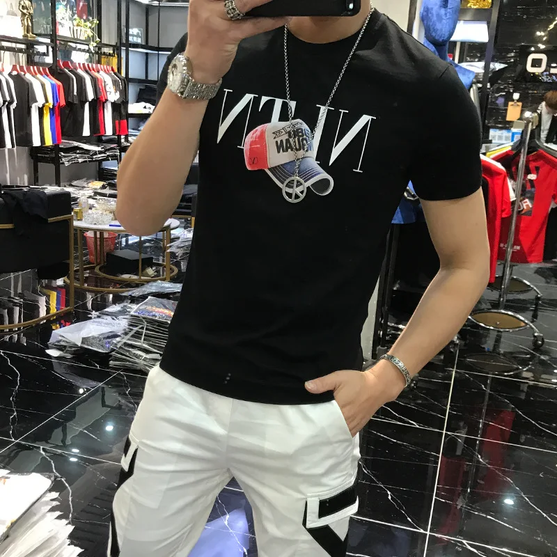 Men's T-shirt Quality Mercerized Cotton V-shaped Pattern Rhinestone 20201  New Street Fashion Style Short-sleeve Male Top Clothes