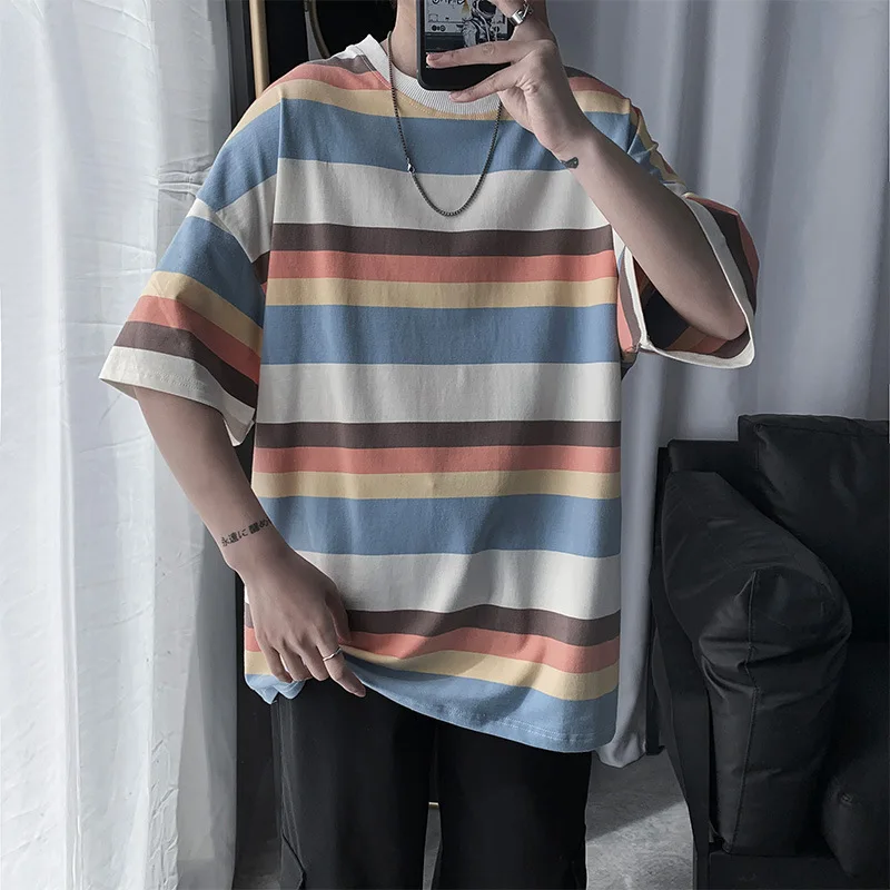 

2023 Summer New Fashion Striped Short-sleeved T-shirt Men Loose Short-sleeved T-shirt Bottoming Shirt Boutique Clothing