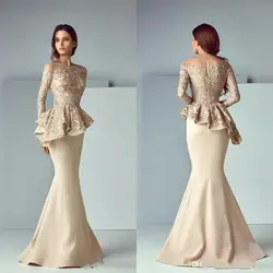 vestido novia Long Sleeve Ruffles Floor Length Groom evening party prom gown 2018 Champagne Mermaid Lace Mother of Bride Dresses