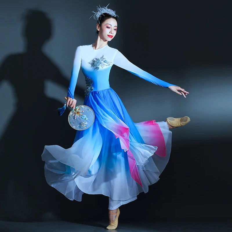 

Adult Long Sleeves Classical Dance Costume Blue Chiffon Dress Female Lyrical Costume Women Performance Dancing Dresses CD22008