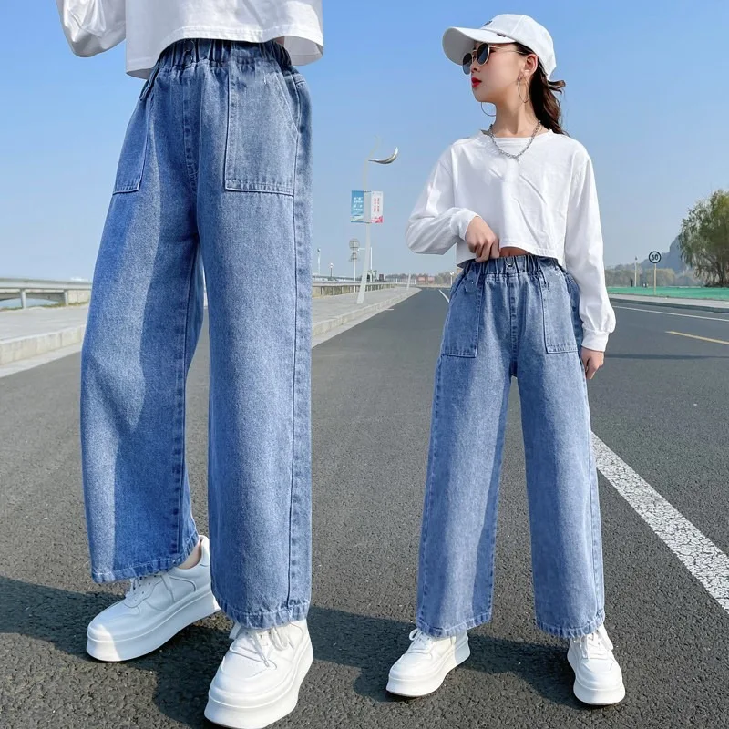 

Japanese Korean Style Girl Spring Autumn Straight Wide Leg Pants Fashion Kids Denim Jeans Teenager Casual Trousers 2-13Years Old