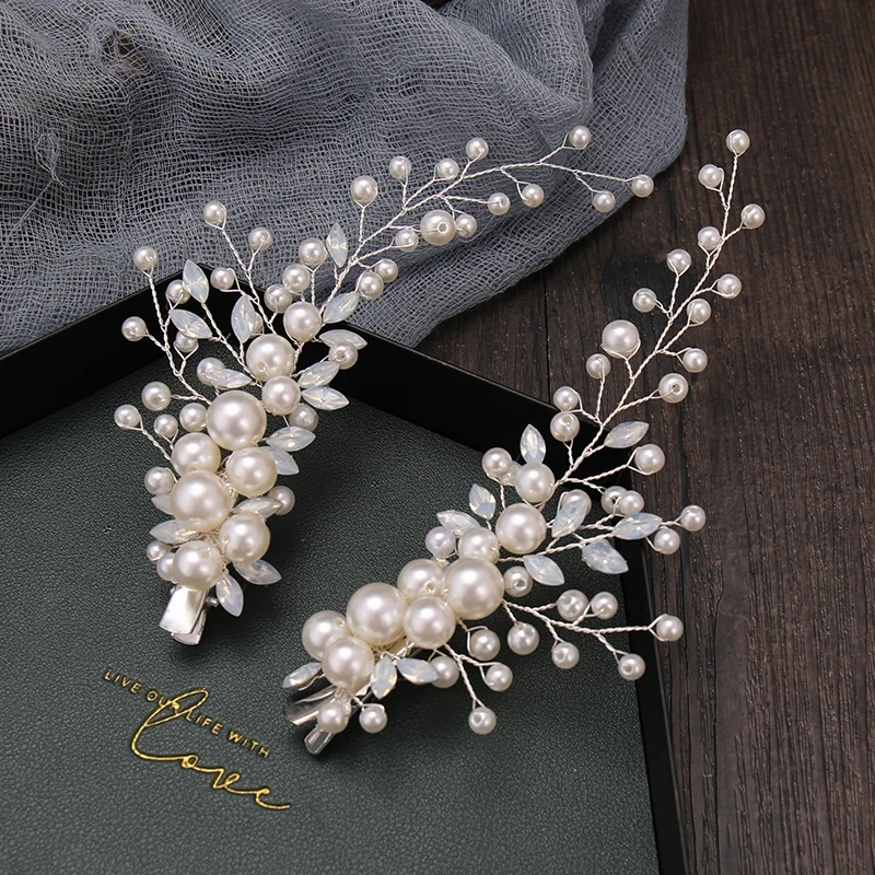 2 Pcs Silver Color Pearls Tiara Hairgrips Clips Handmade Milk Crystal Hairbands Wedding Bridal Headpiece Women Hair Accessories hair accessories bridal hair accessories