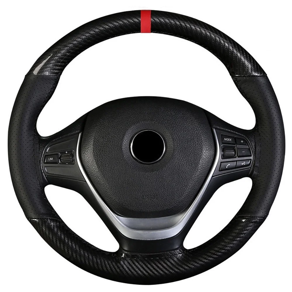 

High Quality 38cm Crystal Carbon Fiber+Microfiber Leather Non-slip Wear-resistant Hand-stitched Steering Wheel Cover