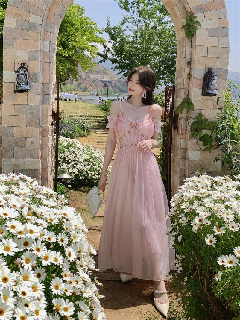 【Since Then】Floral Suspender Classy Resort Fairy Dress Summer Women Maxi Long Fairy Beach Dress Spaghetti Strap